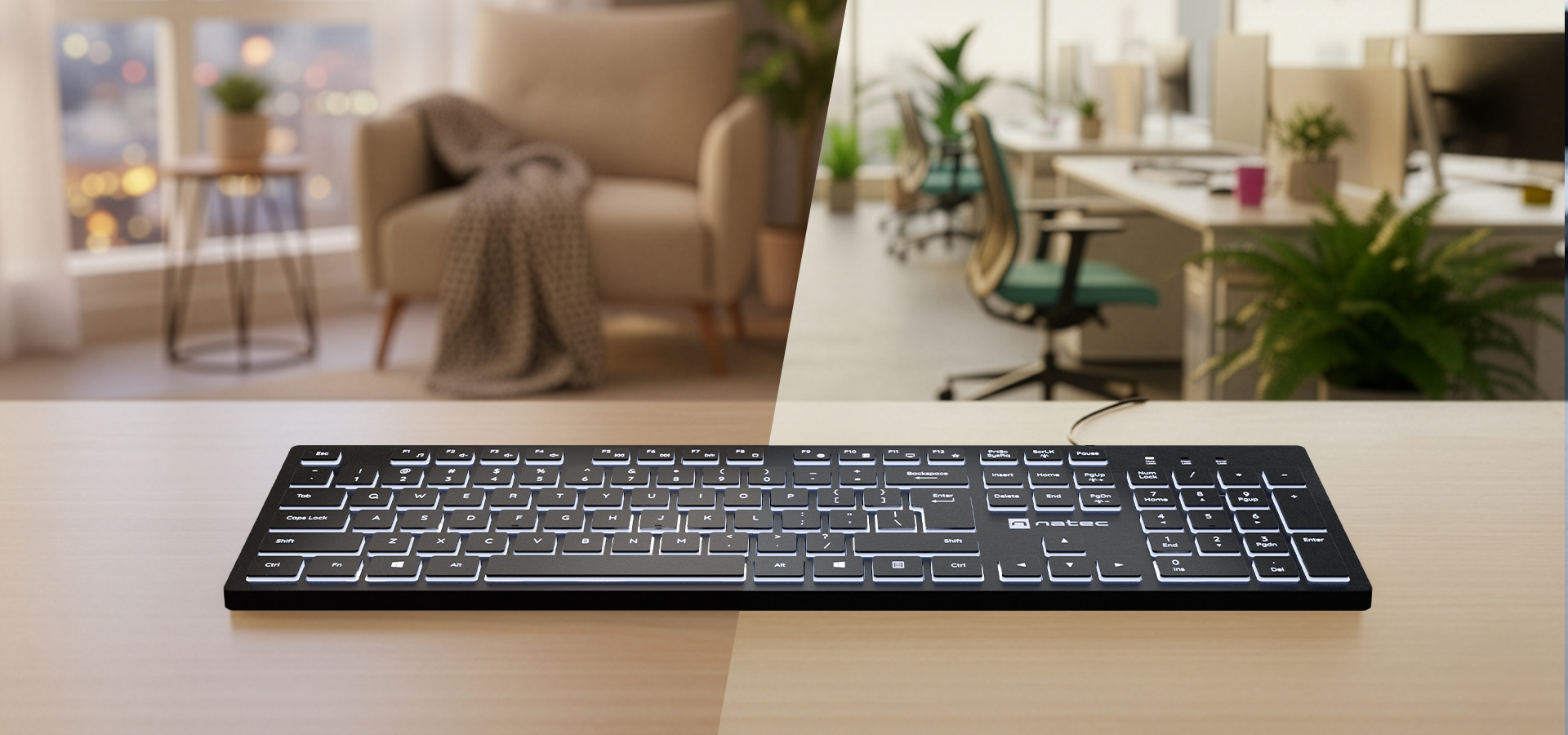 Klawiatura z białym podświetleniem umieszczona na drewnianym biurku z nowoczesnym tłem do domu i biura