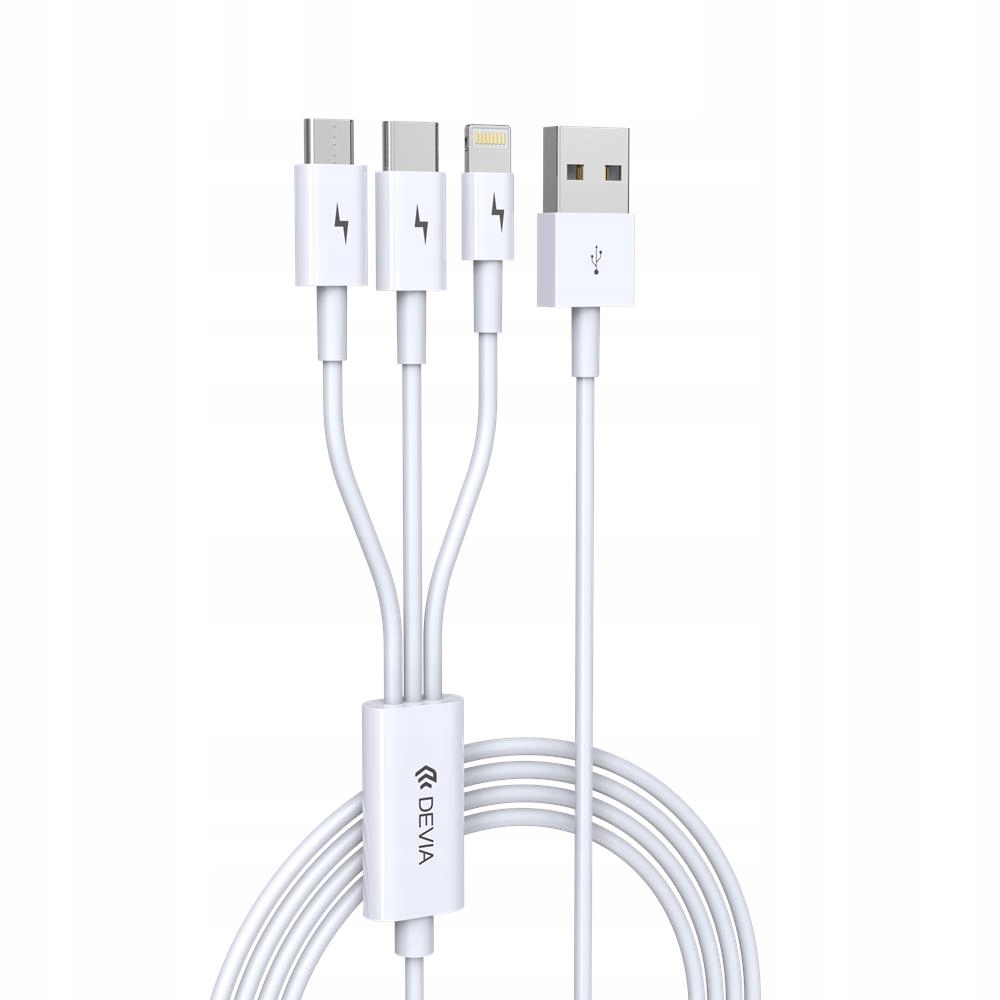 Kabel Devia 3W1 USB-A - USB-C + microUSB + Lightning Biały – Wszechstronność w Twoich rękach