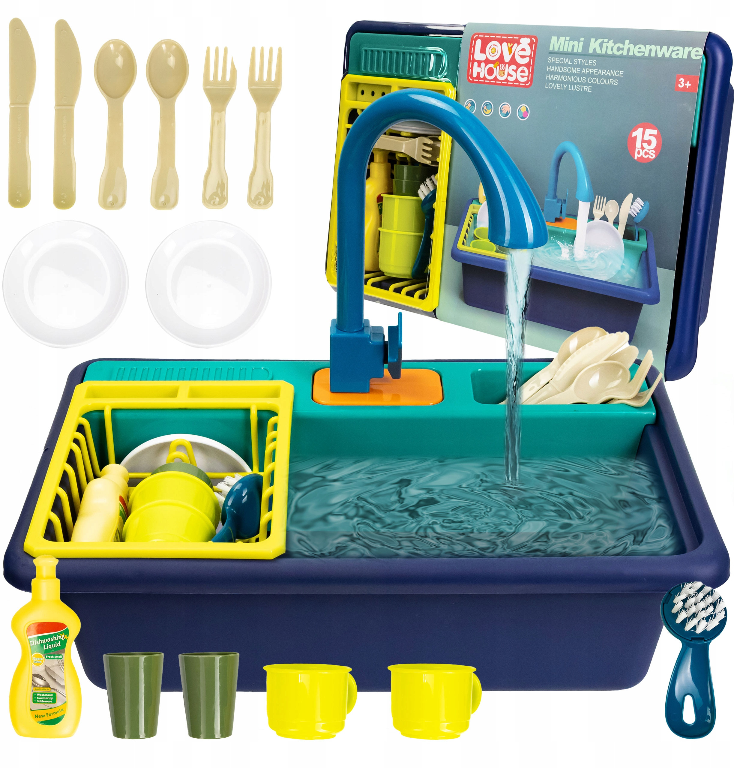 Zlewozmywak Zlew Dla Dzieci Kran Z Wodą Naczynia Sztućce Akcesoria Zestaw – Idealna zabawa w kuchnię dla najmłodszych