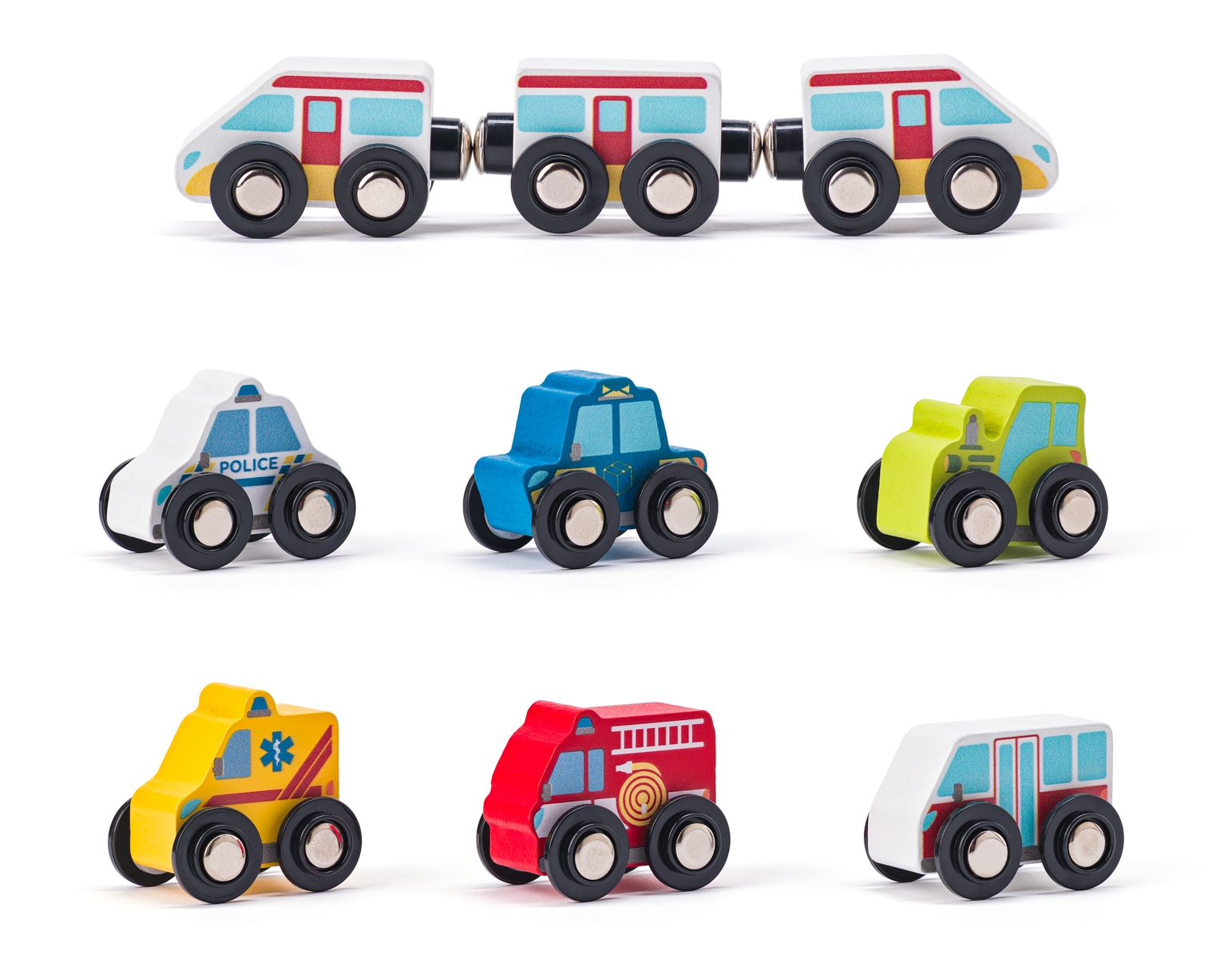 Zestaw z elektrycznym pociągiem i drewnianymi samochodzikami