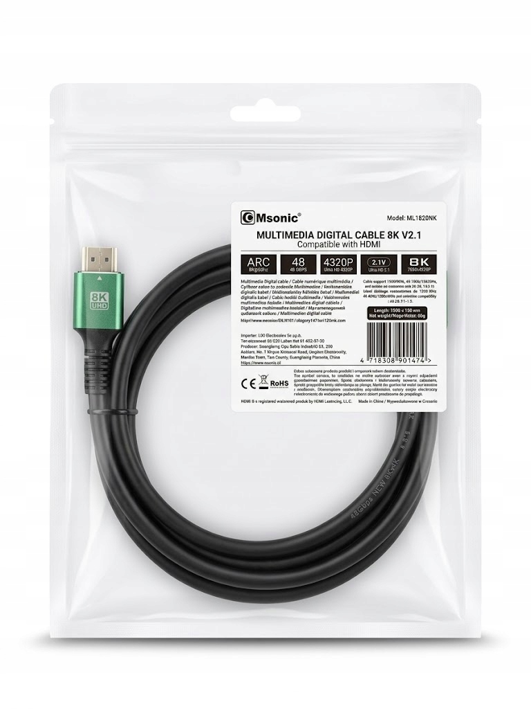 Kabel HDMI 8K MSONIC ML1820NK M/M 1,5m czarny – Wysoka jakość obrazu i dźwięku