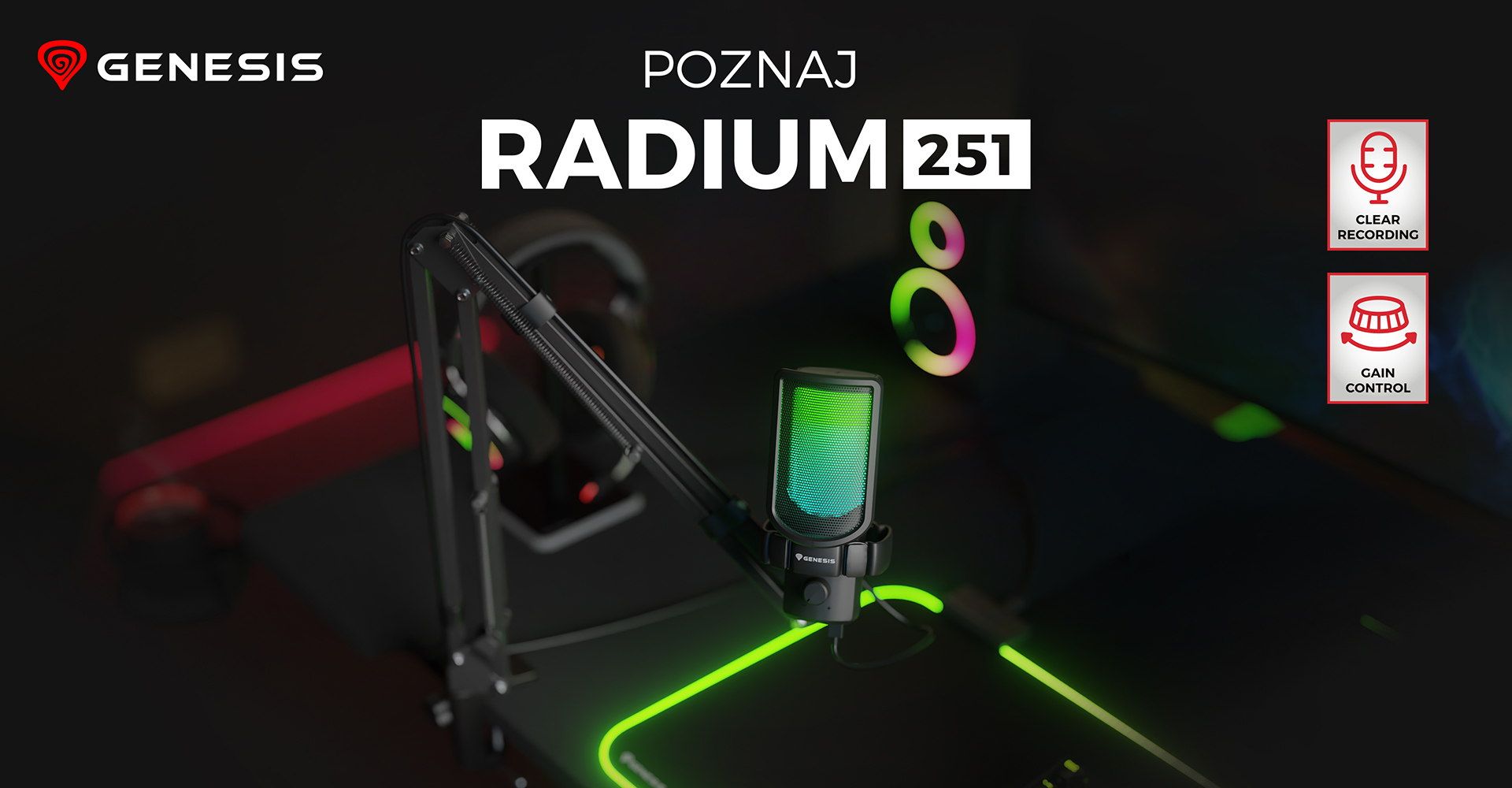 Czarny mikrofon Genesis Radium 251 USB na regulowanym wysięgniku, z kolorowym podświetleniem i elementami konfiguracji gamingowej