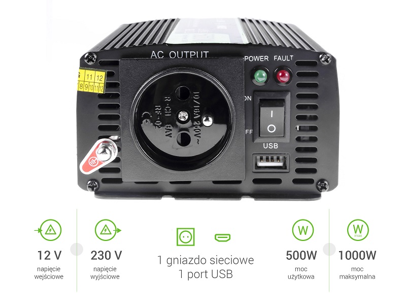 Przetwornica samochodowa napięcia 12V do 230V 500W 1000W