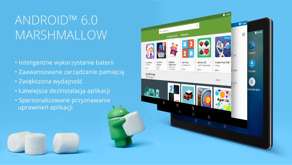 Android Marshmallow Inteligentne wykorzystanie baterii, spersonalizowane przyznawanie uprawnień aplikacji, zaawansowane zarządzanie pamięcią, zwiększona wydajność, łatwiejsza dezinstalacja aplikacji