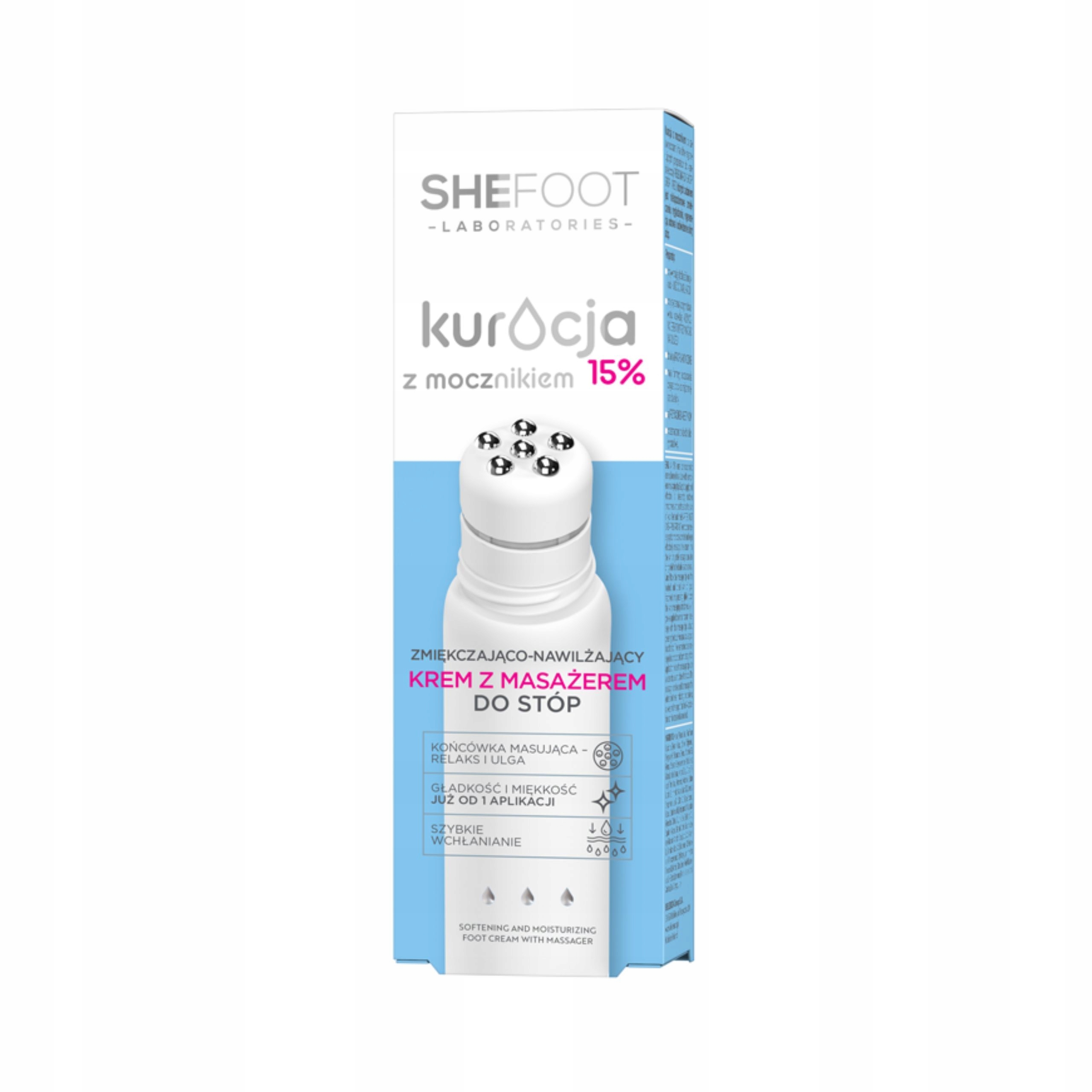 SHEFOOT Kuracja z mocznikiem 15% – Zmiękczająco-wygładzający krem do stóp z masażerem