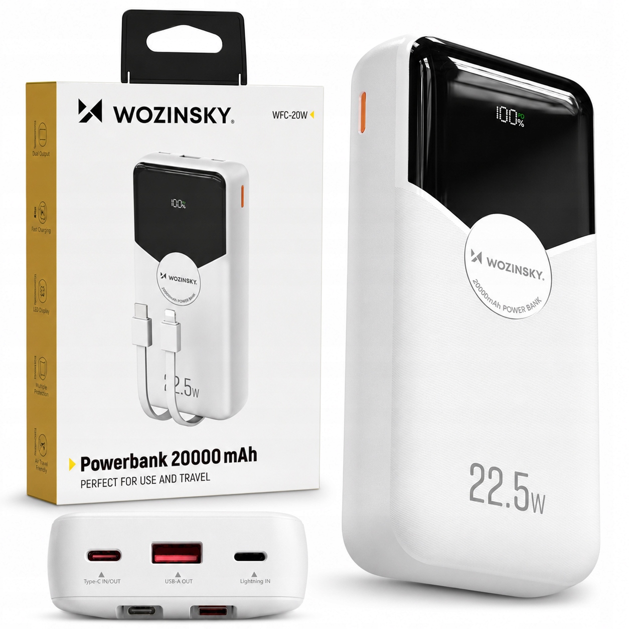 Powerbank WFC-15W 20000mAh 22,5W PD20W z wbudowanymi kablami Lightning i USB-C – Niezawodne źródło energii