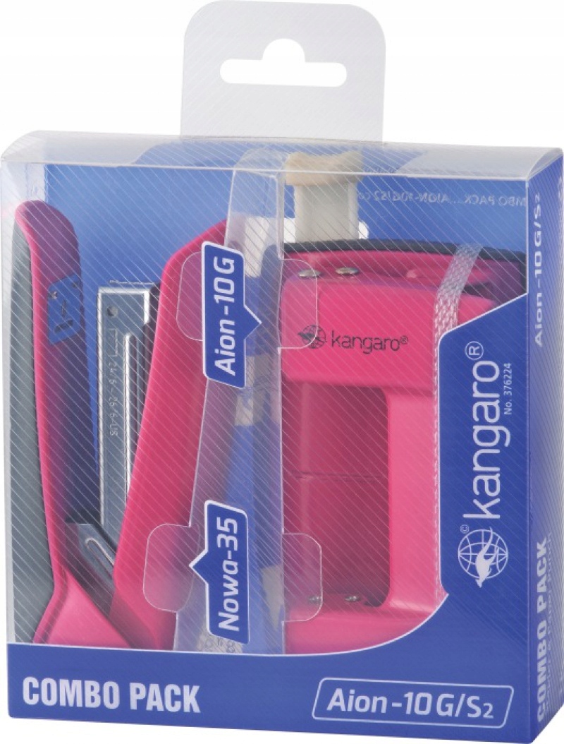 Dziurkacz Aion-10G i zszywacz Nowa-35 – Ergonomiczny zestaw biurowy w kolorze różowym