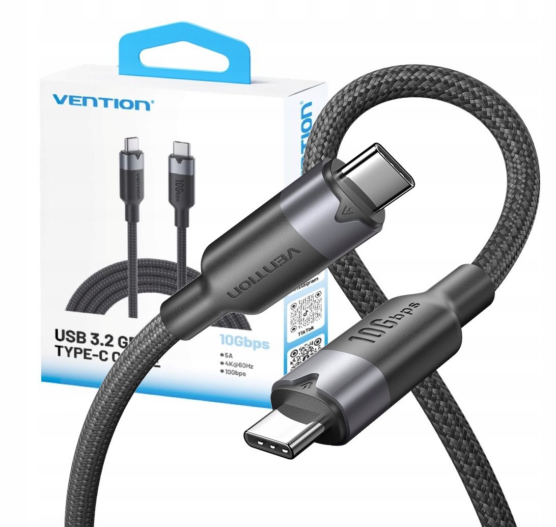 Kabel USB-C do USB-C Vention USB 3.2 5A 10Gbps 1m czarny – Szybki transfer i wszechstronność