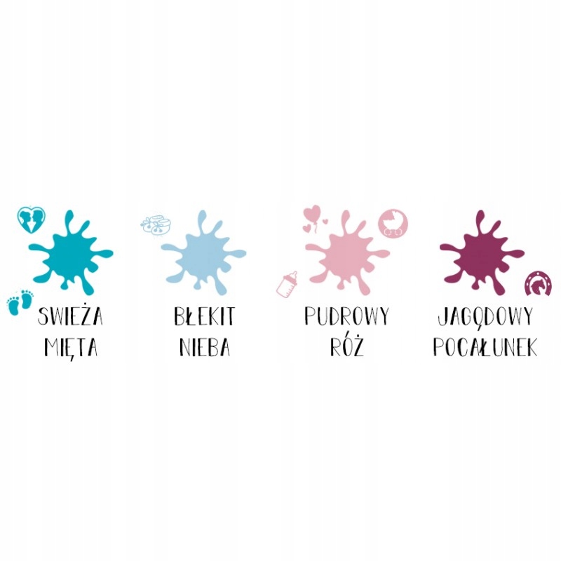 Kolory w zestawie: świeża mięta, błękit nieba, pudrowy róż, jagodowy pocałunek