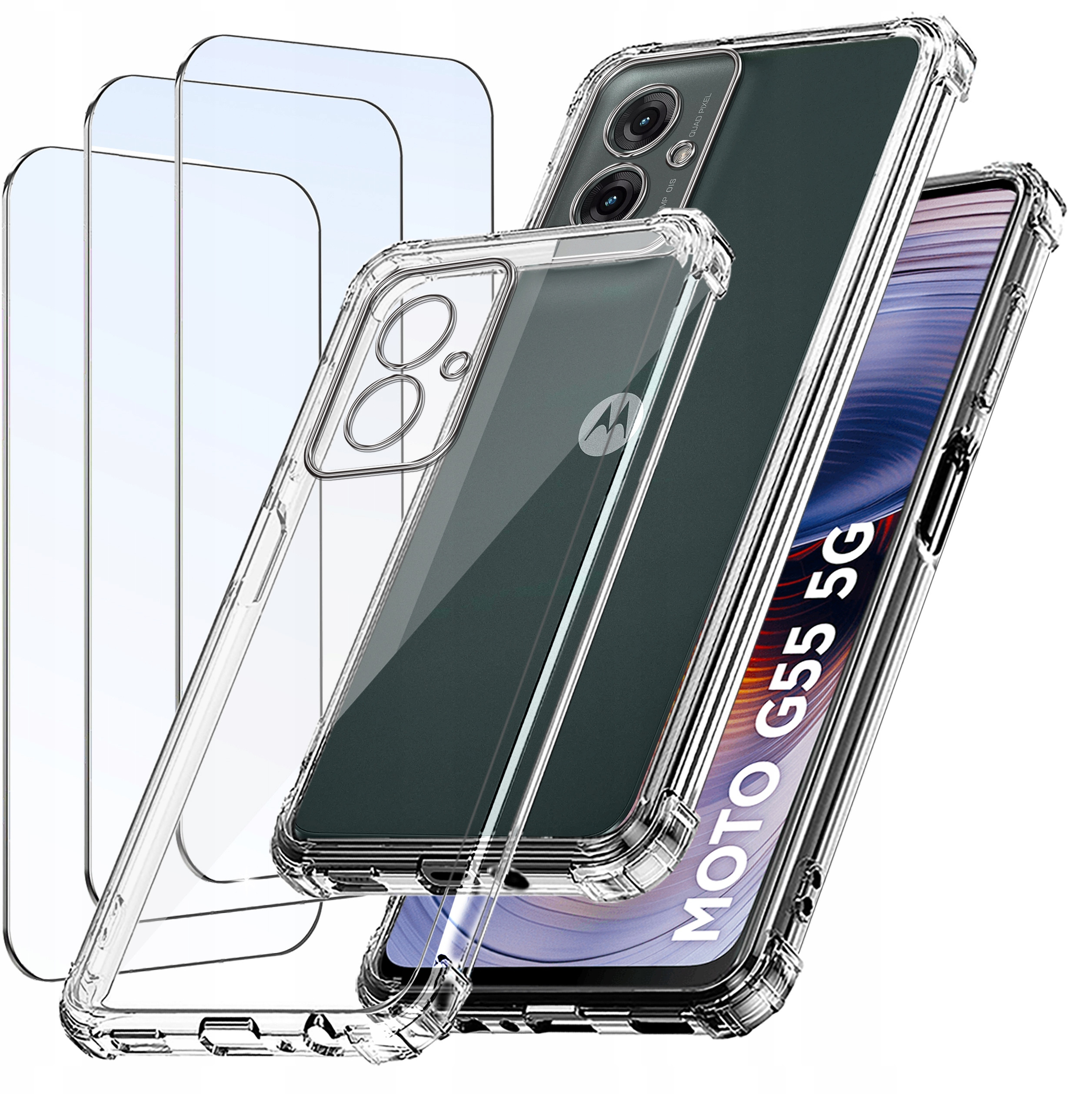 ZESTAW Etui do Motorola G55 5G ANTI-SHOCK Clear Wzmacniane + 3 SZTUKI SZKŁO – Ochrona na najwyższym poziomie