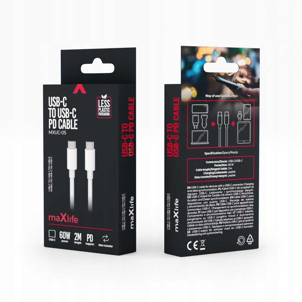 Maxlife kabel MXUC-05 USB-C - USB-C 2,0 m 60W biały – Szybkie ładowanie i wygoda