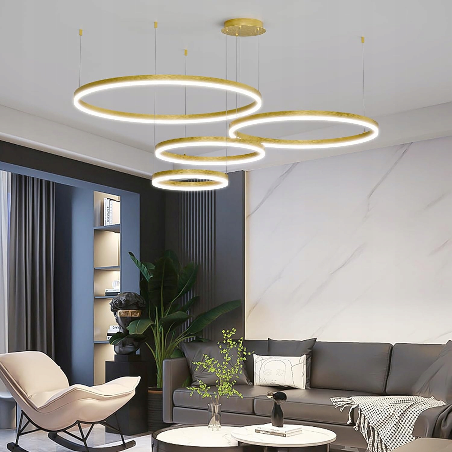 Mikeru Złota Lampa Wisząca LED 4 Ringi 40-100cm – Nowoczesny Akcent w Twoim Wnętrzu