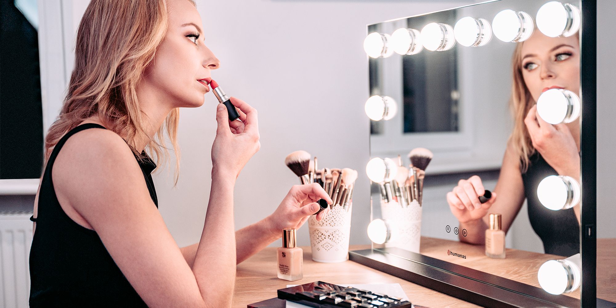 width=100% Lustro do makijażu Humanas HS-HM02 z oświetleniem LED - białe