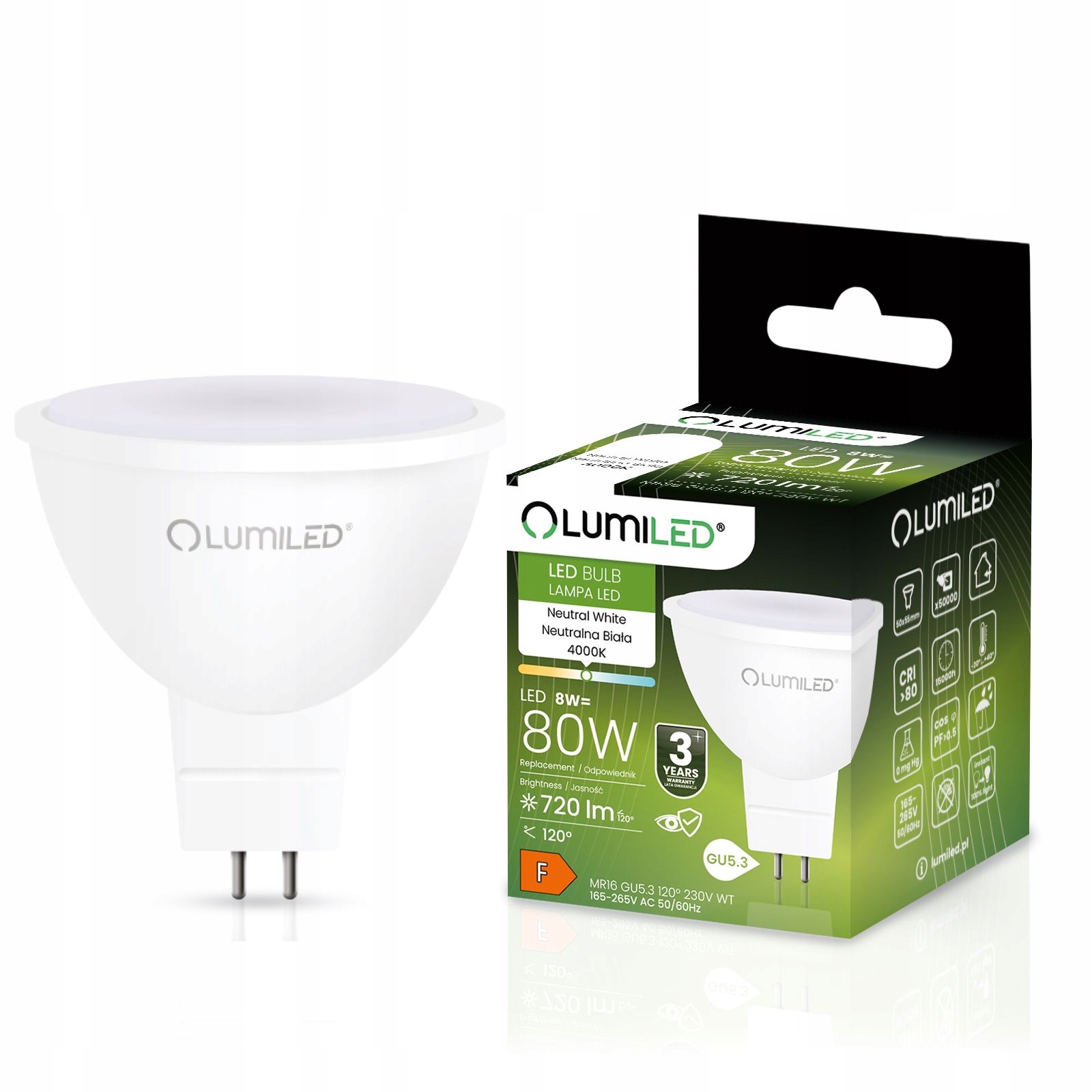 Żarówka LED MR16 230V 8W 720LM 4000K Neutralna - LUMILED