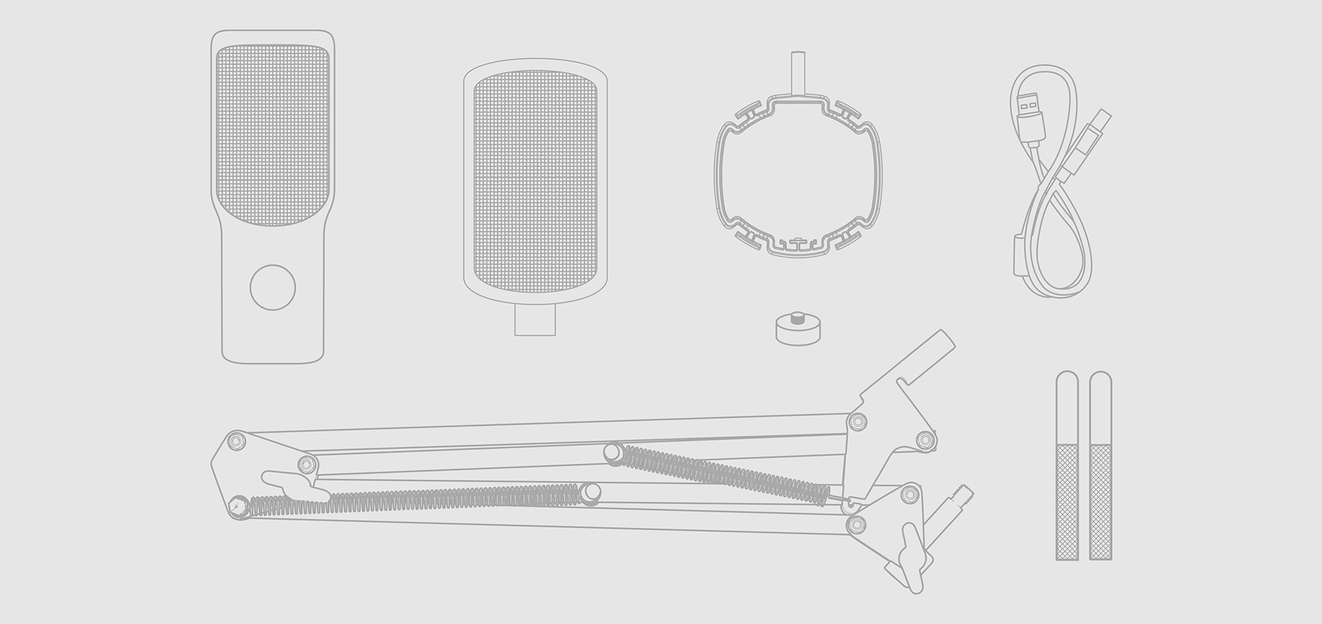 Zestaw mikrofonu pojemnościowego USB zawiera mikrofon, filtr pop, uchwyt antywstrząsowy, regulowane ramię, kabel USB i akcesoria montażowe.