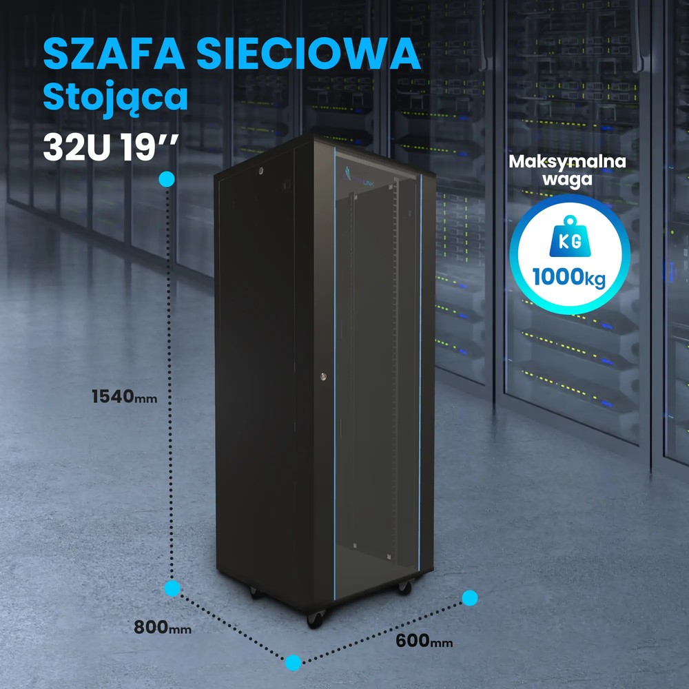 Szafa sieciowa Extralink 32U, zaprojektowana do montażu w pozycji stojącej
