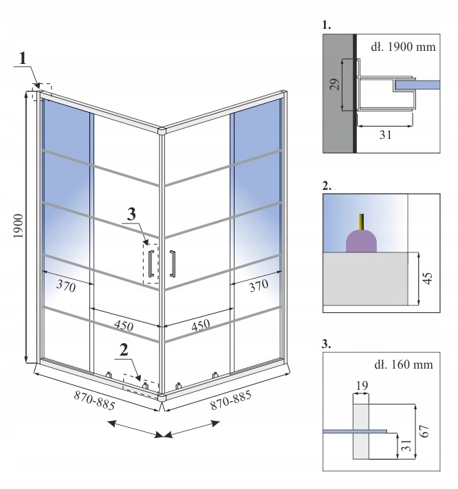 Wymiary i szczegóły techniczne kabiny prysznicowej Calani CZARNA DELTA 90x90