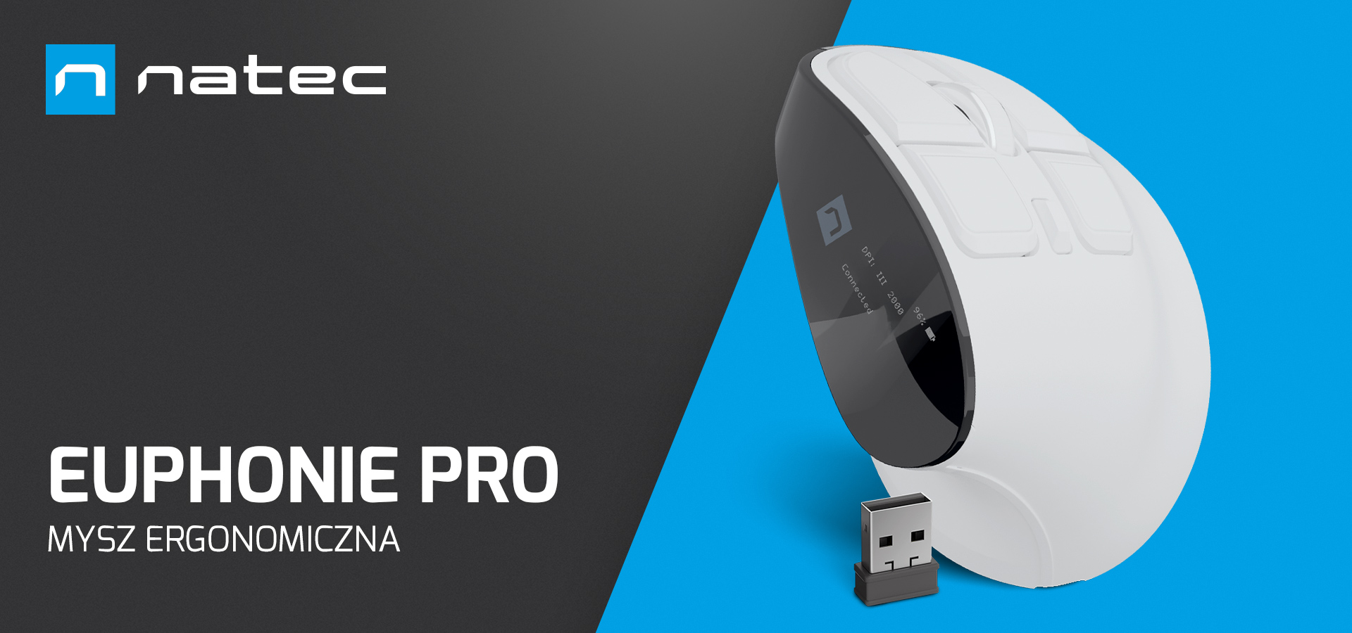 Ergonomiczna mysz z bezprzewodowym połączeniem i kompaktowym odbiornikiem USB.