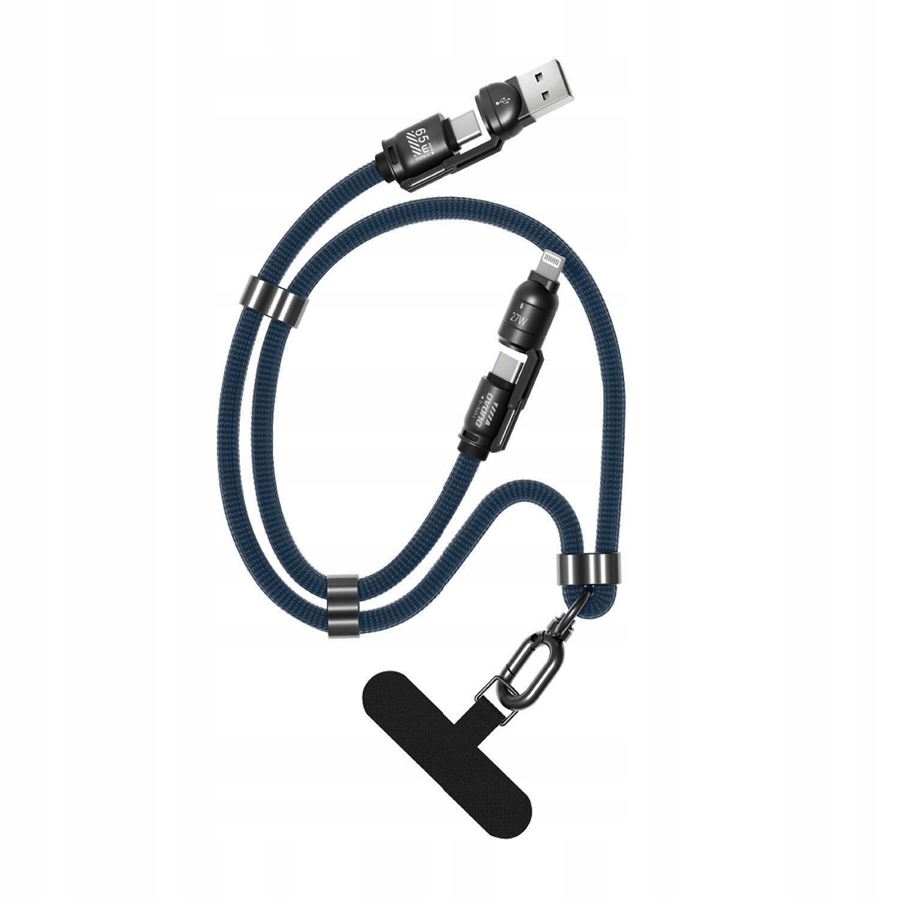 Kabel przewód ze smyczą 4w1 USB-C z adapterami iPhone Lightning USB-A - niebieski