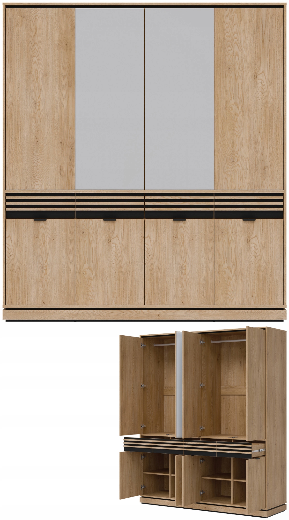 Szafa pokojowa z szufladami i lustrem Lamele Dąb Cremona Czarny FERRO FE11 – Elegancja i funkcjonalność w Twoim wnętrzu