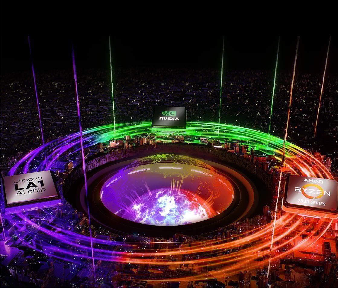 Kolorowe smugi światła, które zamykają się w okrąg, na ich tle widoczna płytka chipa LA1, procesora AMD i karty graficznej NVIDIA