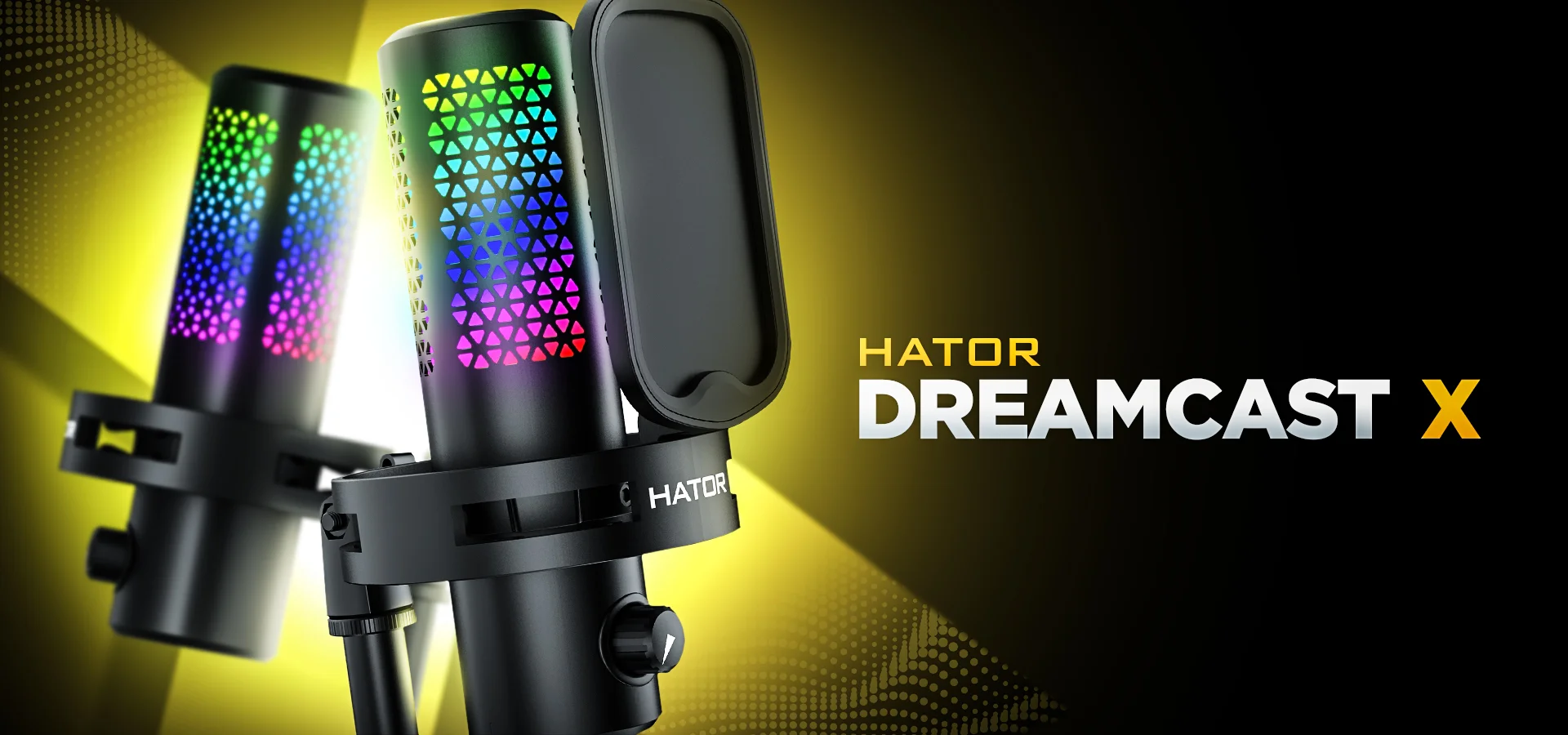 Mikrofon HATOR Dreamcast X z podświetleniem i pop-filtrem na żółto-czarnym tle