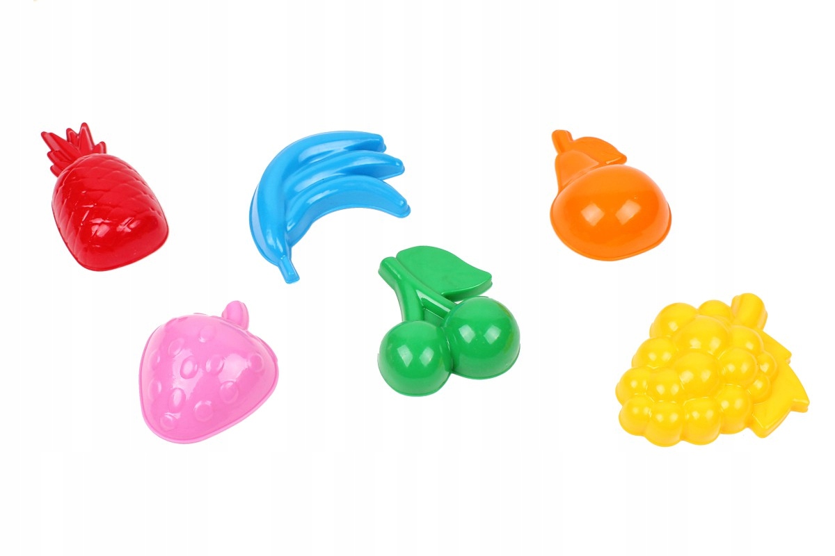 Zawartość zestawu – 6 kolorowych foremek w kształcie owoców