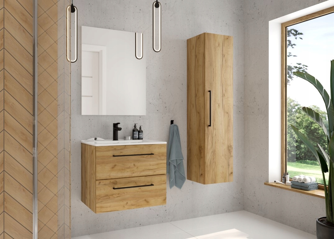 Szafka z umywalką łazienkową podwieszana 50cm dąb craft z baterią i syfonem – Idealne rozwiązanie do Twojej łazienki
