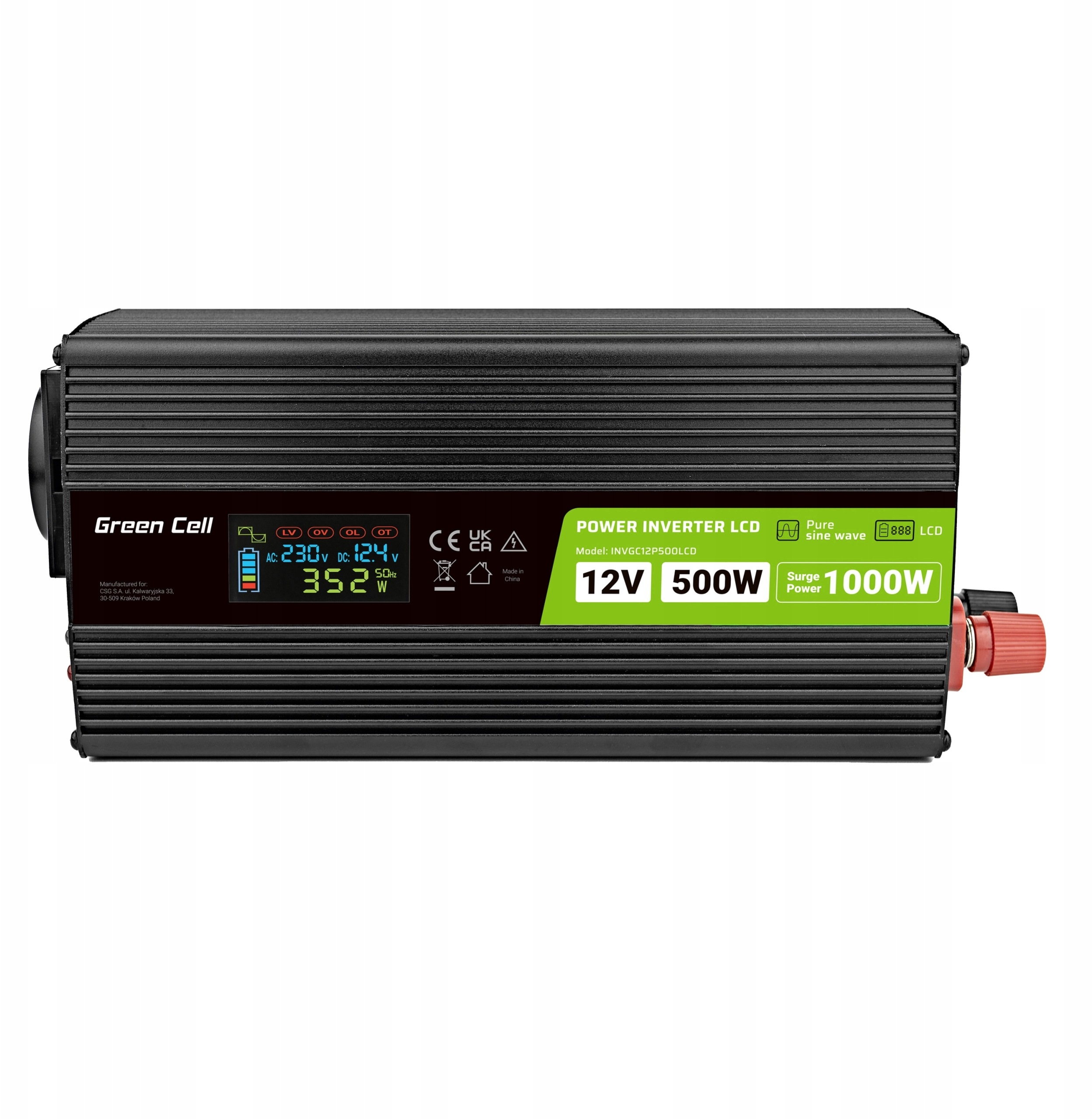 Przetwornica Green Cell GREEN CELL PRZETWORNICA LCD 12V/230V 500W/1000W CZYSTY SINUS