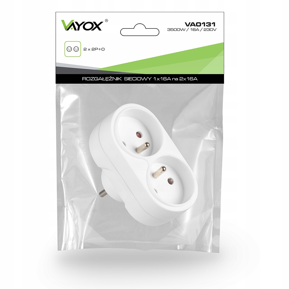 Rozgałęźnik sieciowy 2x 2P+0 3500W 230V VA0131 VAYOX – Wydajne zasilanie w Twoim domu