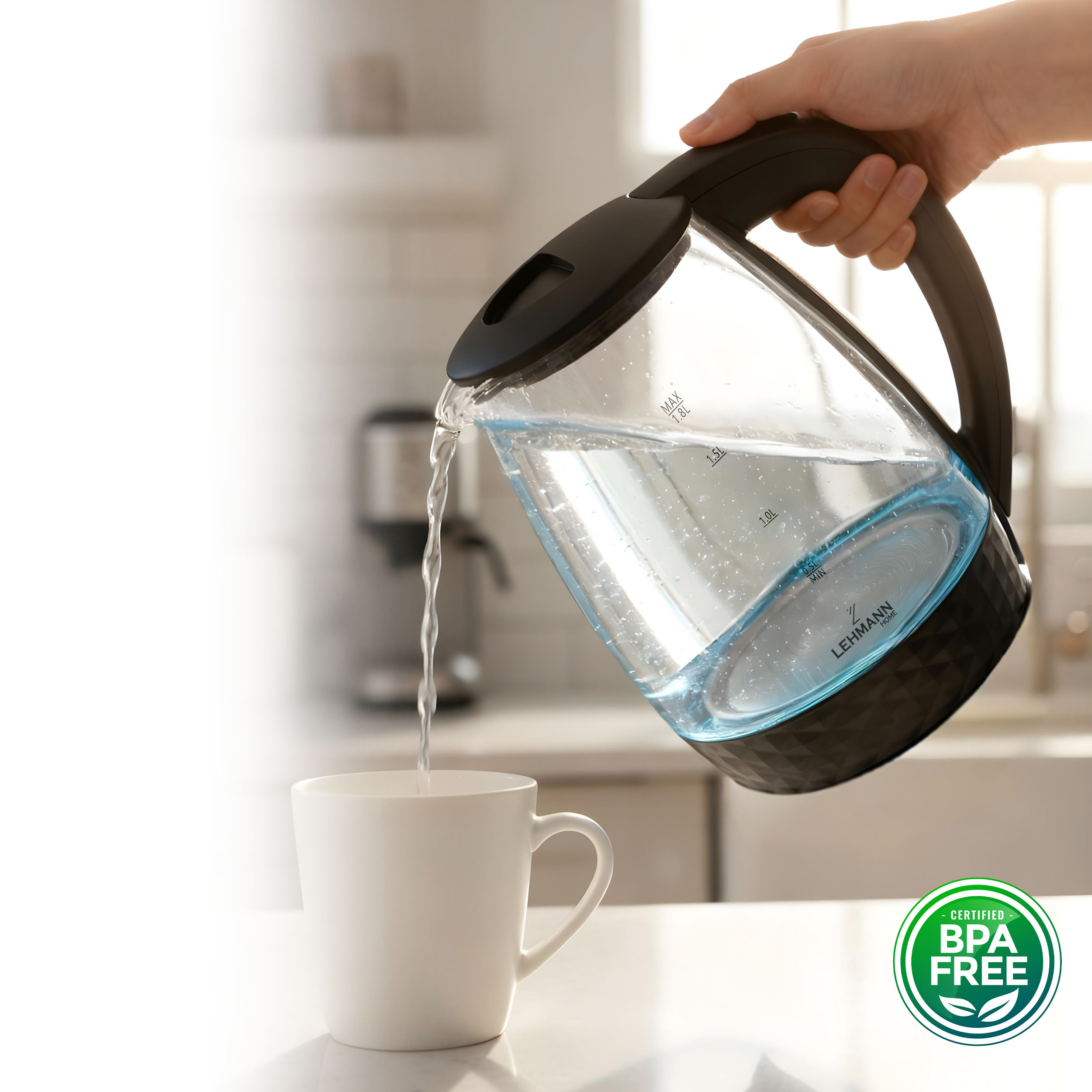 CZAJNIK ELEKTRYCZNY SZKLANY Z PODŚWIETLENIEM MOCNY 2200W BEZPRZEWODOWY 2L Szerokość produktu 16 cm