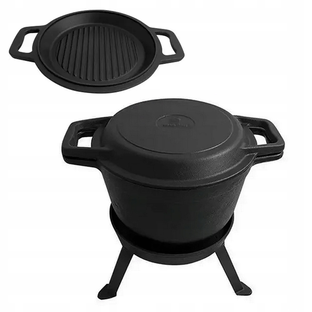Kociołek Żeliwny Myśliwski 8.0L z Patelnią Grill 2 w 1 KH-1733 – Idealny do Gotowania na Świeżym Powietrzu