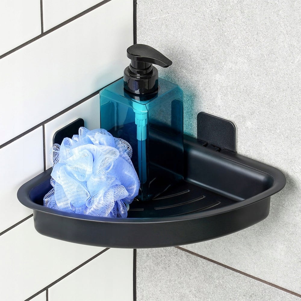 Półka pod prysznic czarna narożna przyklejana 28x22x8 cm – Praktyczne rozwiązanie do łazienki