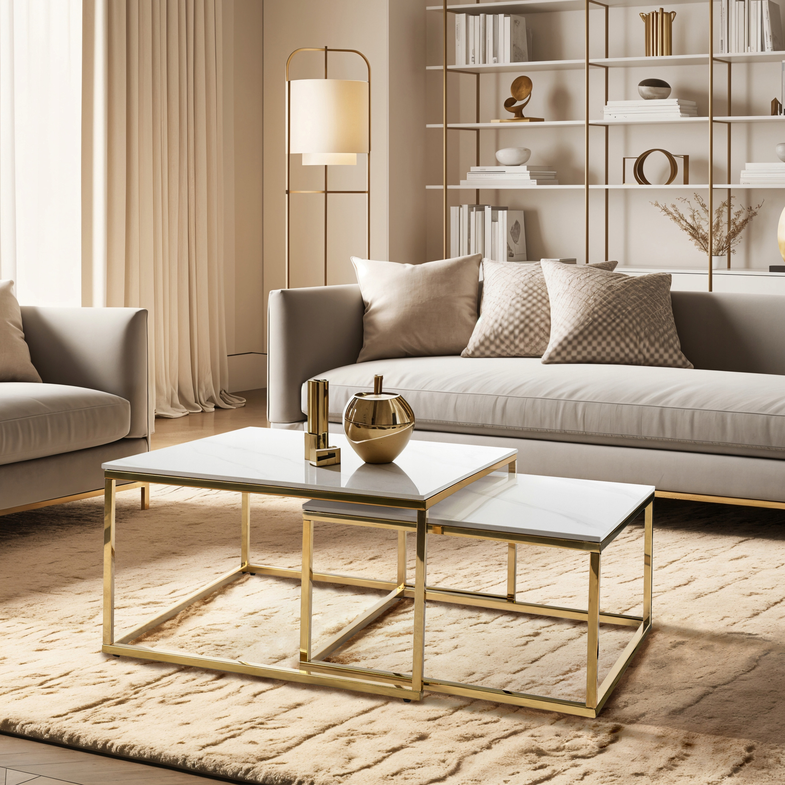 Stolik Kawowy Kwadratowy Zestaw 2w1 Ława Glamour Biały Marmur Złoty TENOR – Elegancja w Twoim salonie