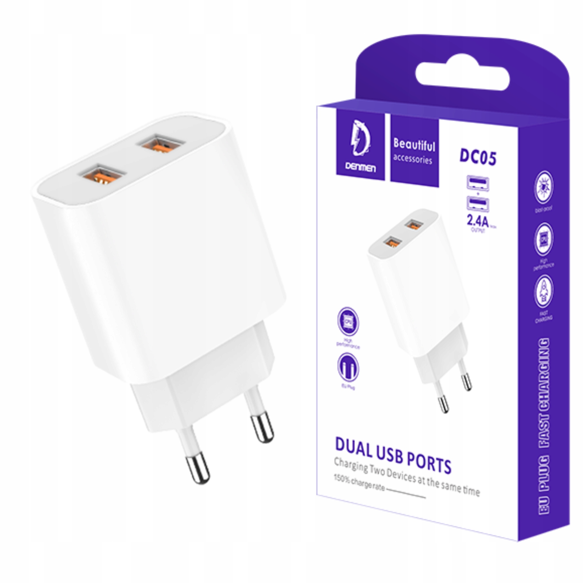 Ładowarka sieciowa 2.4A Biała Denmen DC05 – Szybkie i bezpieczne ładowanie
