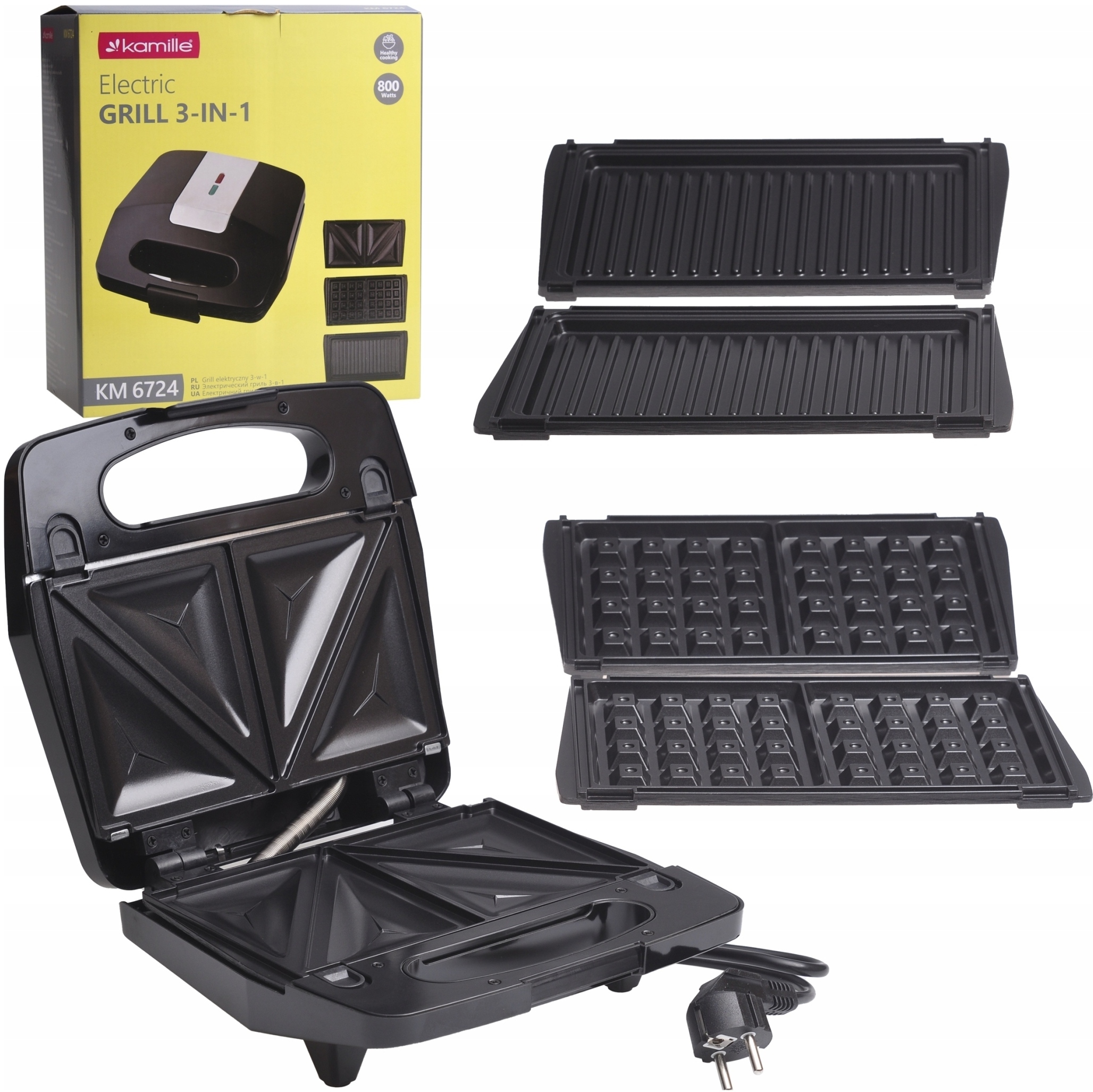 Opiekacz Kamille 6724 czarny 800W 3w1 – Twój wszechstronny pomocnik w kuchni