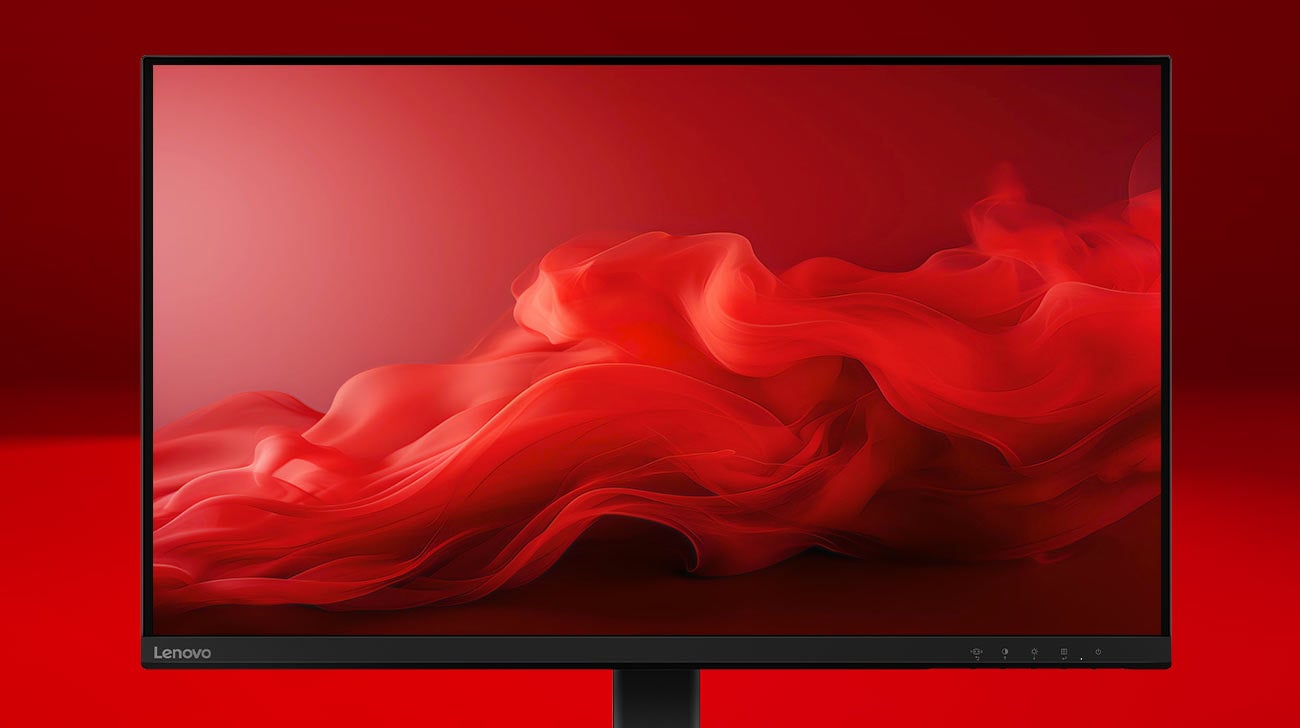 Monitor Lenovo L27qe z tapetą na ekranie, smugi w odcieniach czerwieni