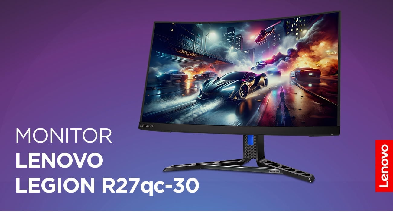 Monitor Lenovo R27qc-30 z wizualizacją gry komputerowej na ekranie
