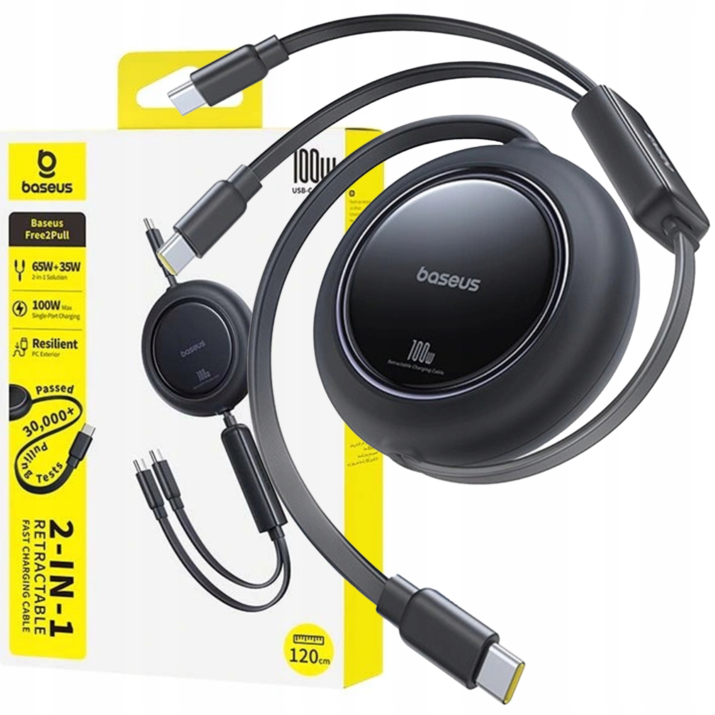 Kabel przewód zwijany 2w1 USB-C 100W 1.2m - czarny – Wydajne ładowanie w kompaktowej formie