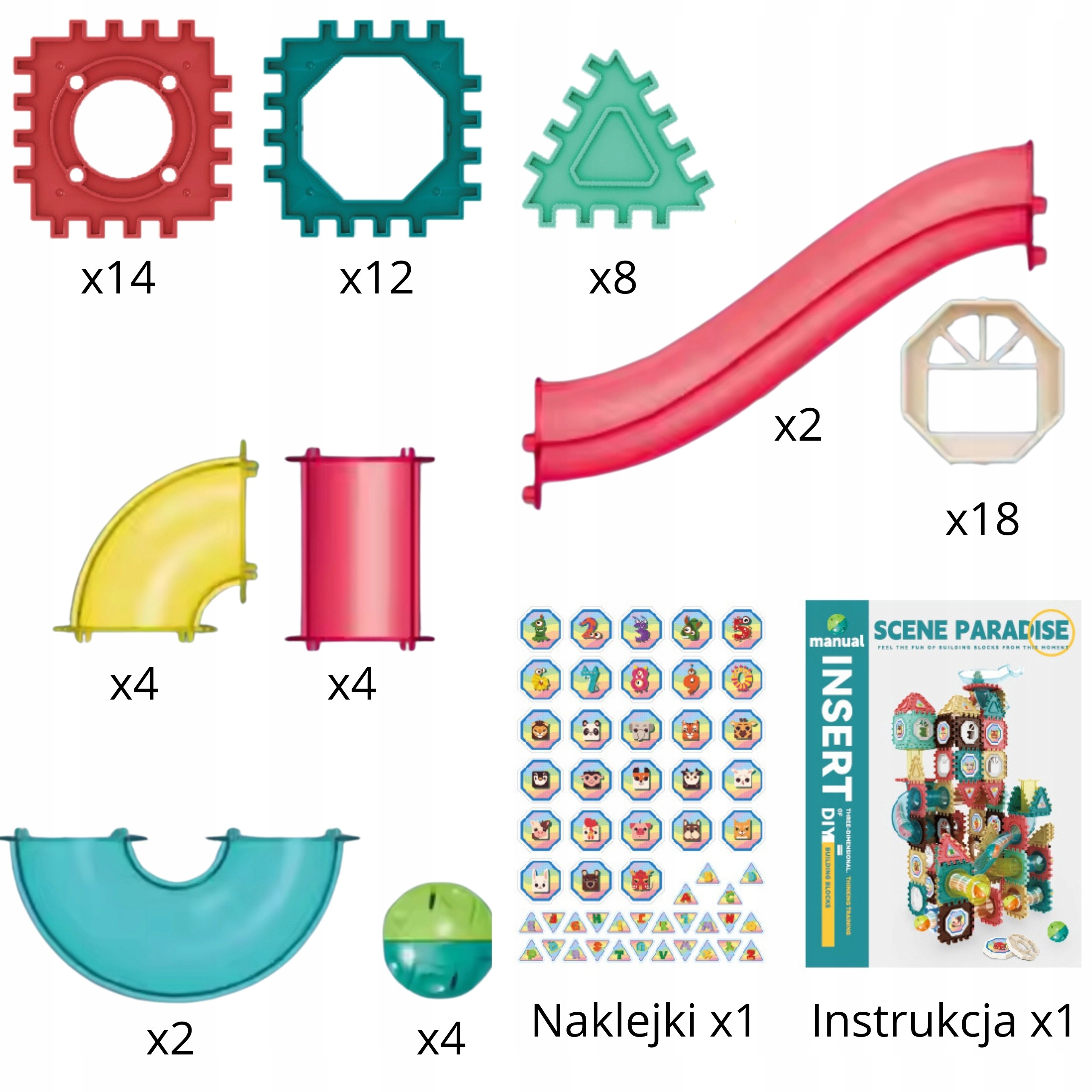 Zestaw zawiera 68 elementów do budowy