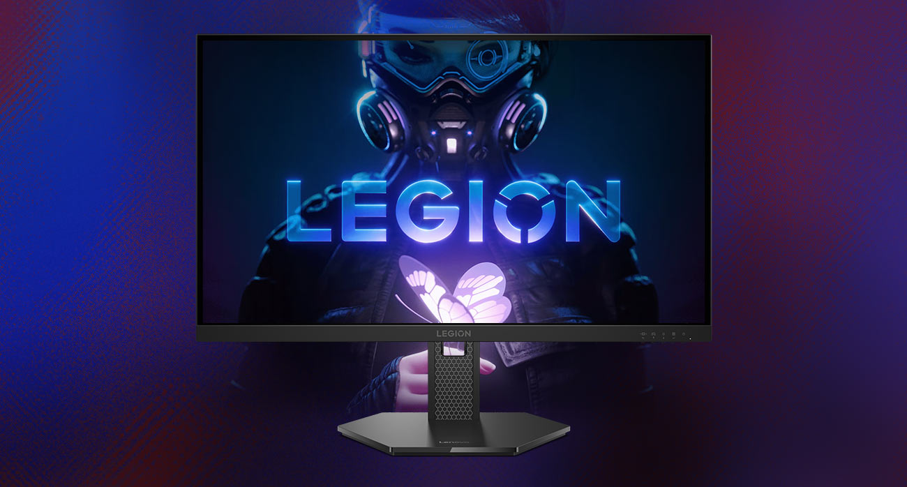 Na ekranie monitora Lenovo Legion 27-10 postać z gry komputerowej i podświetlony logotyp Legion