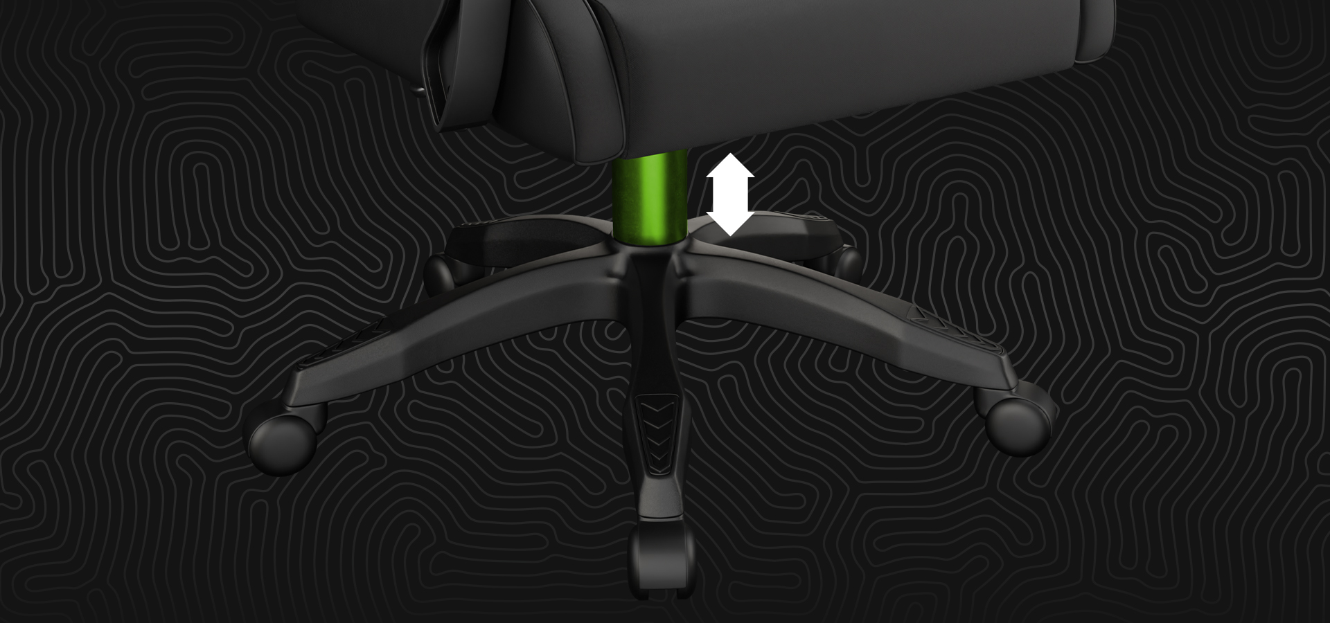 Regulowana podstawa fotela do gier w czarno-zielonej kolorystyce, wyposażona w solidną pięcioramienną podstawę i płynnie toczące się kółka.
