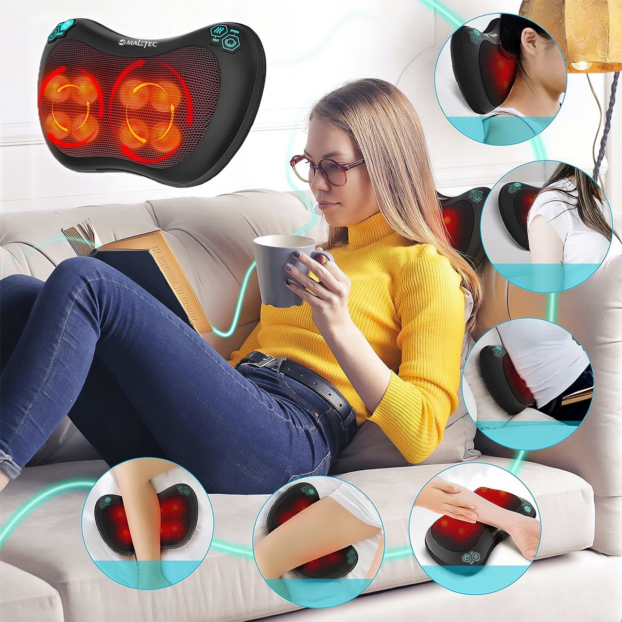 MASAŻER PODUSZKA MASUJĄCA SHIATSU DO PLECÓW KARKU NÓG CIAŁA GRZEJĄCY Długość 30 cm