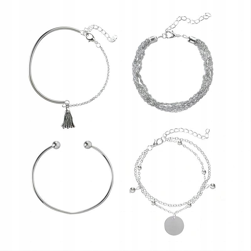 ZESTAW BRANSOLETEK BOHO RETRO PUNK Charms BANGLE SREBRNE 4 sztuki KOMPLET – Stylowy dodatek do każdej stylizacji