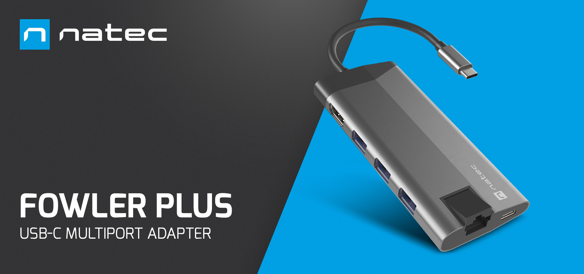 Adapter wielofunkcyjny z wieloma portami oraz dołączonym kablem.