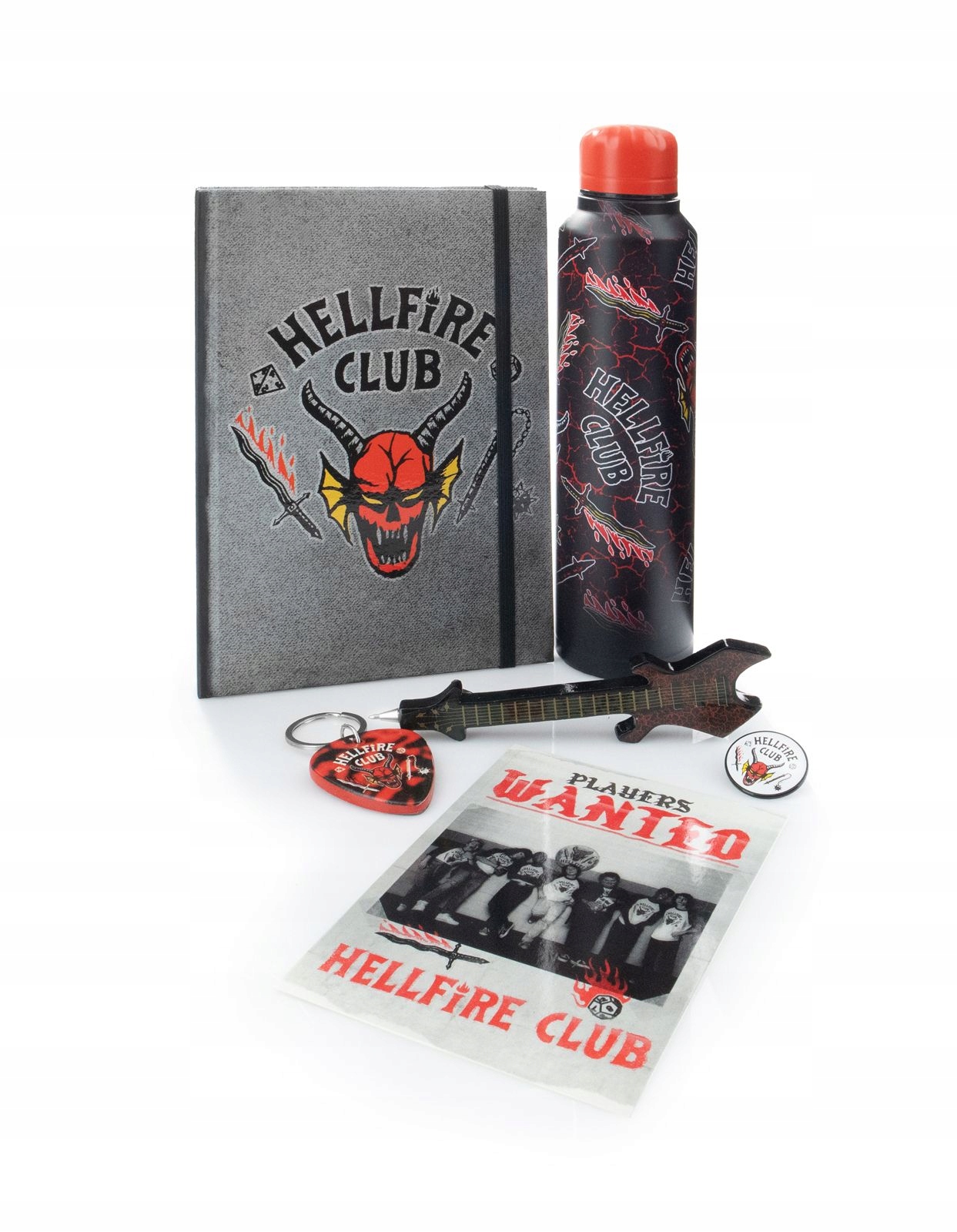 Zawartość zestawu: butelka, notes, brelok, przypinka, długopis