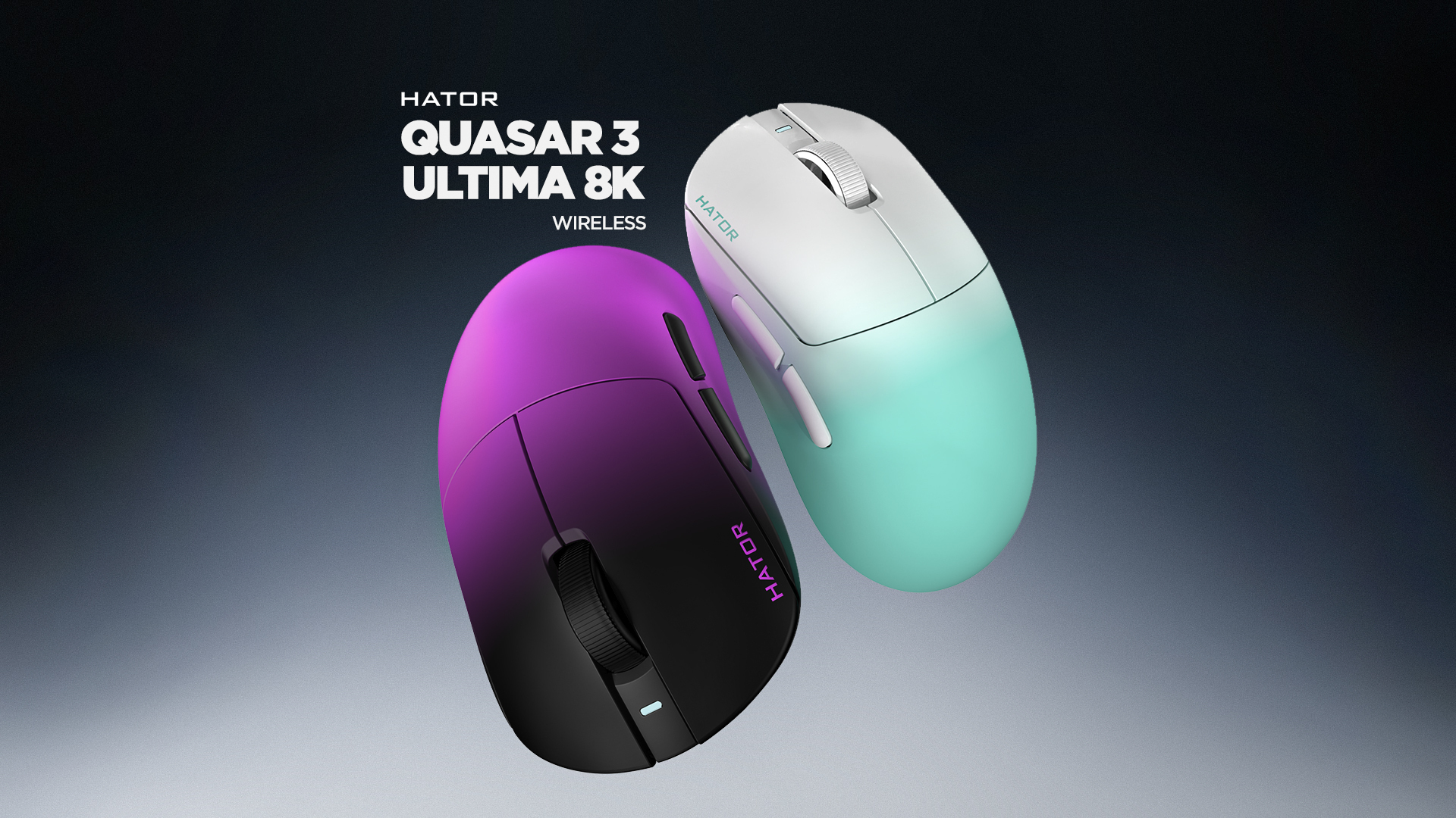 Dwie myszy HATOR Quasar 3 Ultima 8K Wireless w wersjach czarno-fioletowej i biało-miętowej