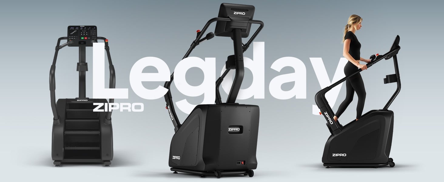 Trenażer schodowy ZIPRO Legday – mockup z widokiem frontu i sylwetka trenującej osoby.