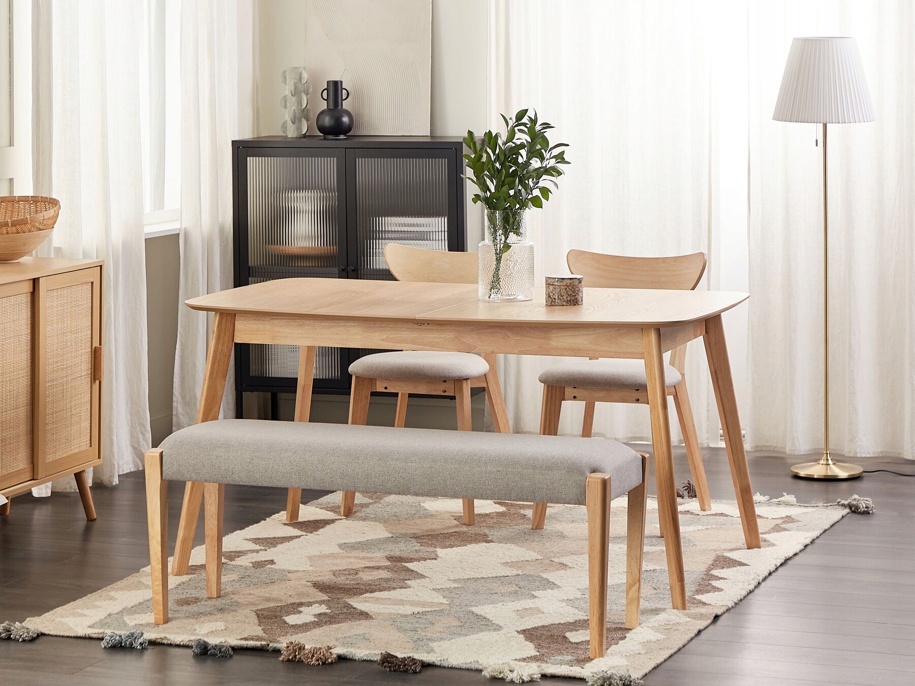 Ławka do jadalni tapicerowana jasne drewno z szarym ELYRIA – Elegancja i komfort w Twoim domu