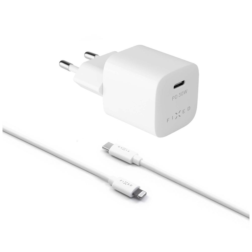 Zestaw mini ładowarki sieciowej FIXED z wyjściem USB-C i kablem USB-C/Lightning – Szybkie ładowanie dla Twoich urządzeń